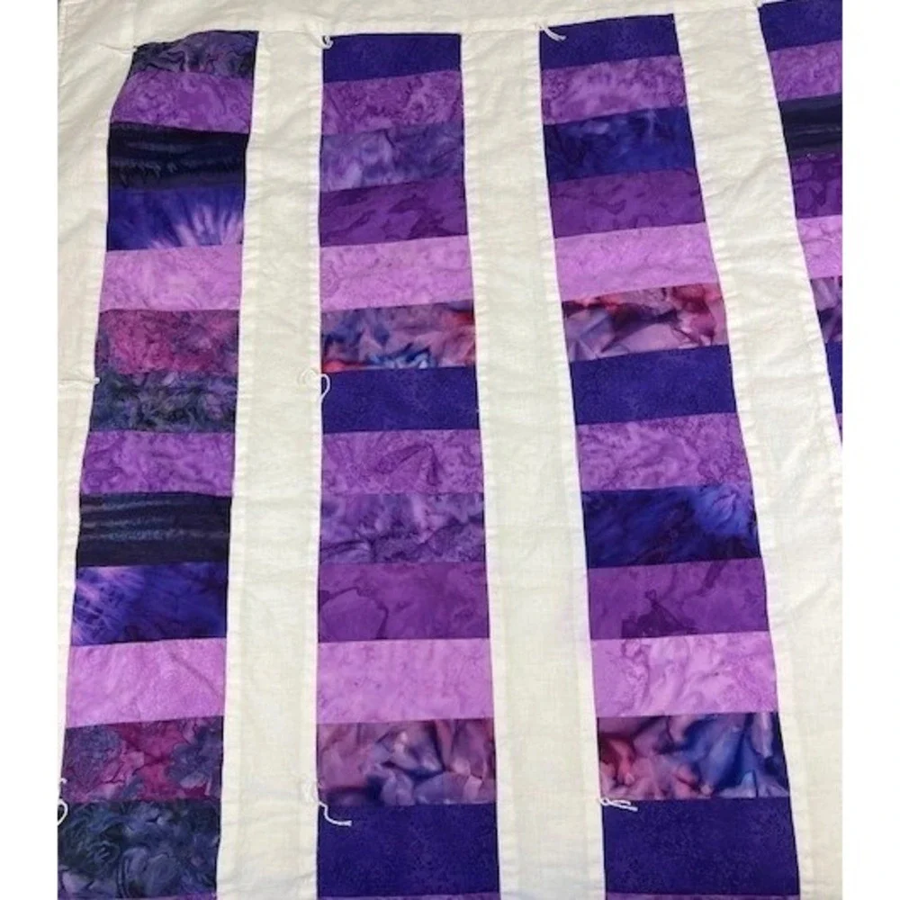 Handmade Purple Batik Patchwork Quilt Striped Tie Lap Blanket Wall Hanging 42x37